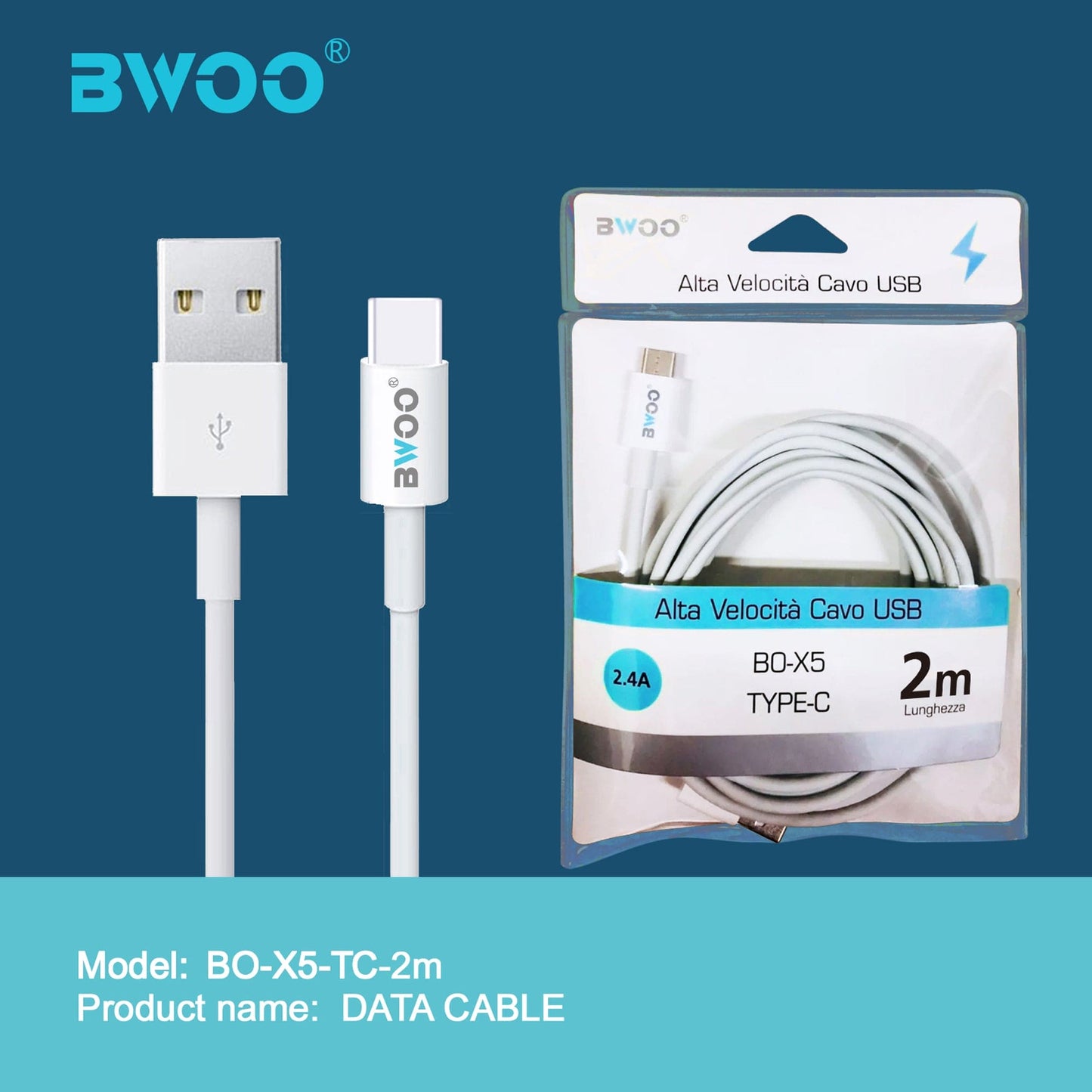BWOO Cavo USB ad Alta Velocità Type-C 2.4A, 2 metri