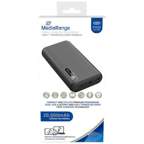 MediaRange caricabatterie portatile 20.000 mAh, 2 porte USB-A, 1 porta USB-C