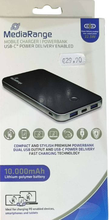 MediaRange caricabatterie portatile 10.000 mAh, 1 porte USB-A, 2 porta USB-C