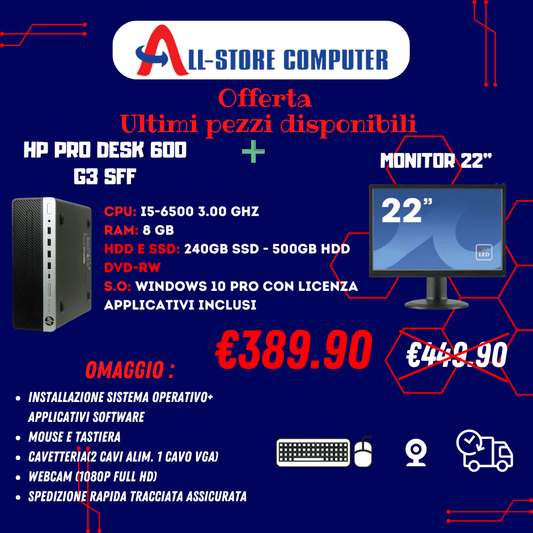 BUNDLE PC FISSO + MONITOR 22" CON ACCESSORI INCLUSI