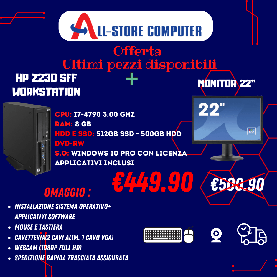BUNDLE PC FISSO + MONITOR 22" CON ACCESSORI INCLUSI